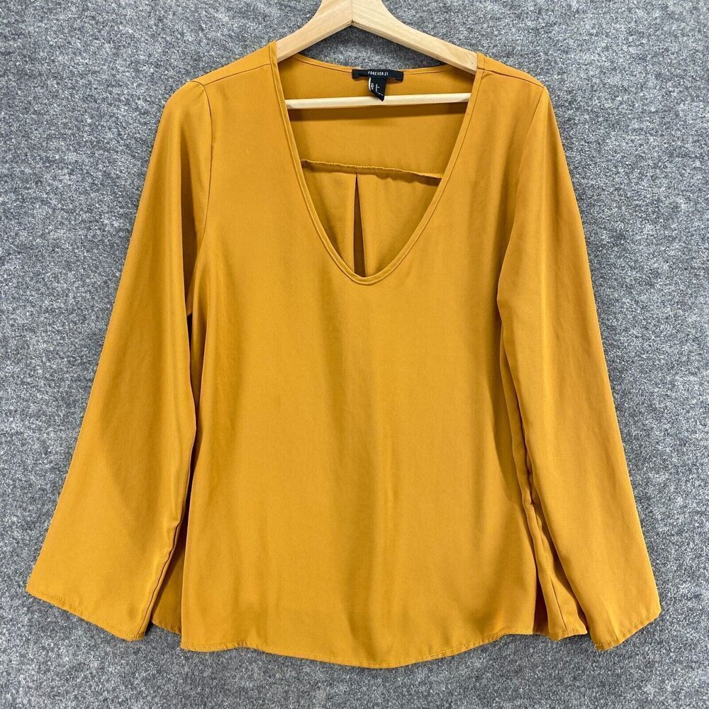 Forever 21 Blouse Women S Small Orange V-Neck Long Sleeve Pullover Casual Solid